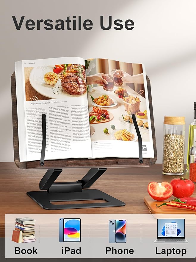 Tounee Telescopic Book Holder - Adjustable Height Cookbook Stand with Elastic Page Clips (Black)