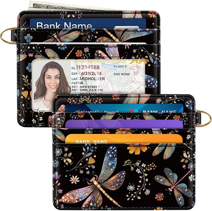 Slim Credit Card Holder Wallet RFID Blocking Minimalist Wallets Lightweight Thin Small Cute Card Case for Women, Dragonfly