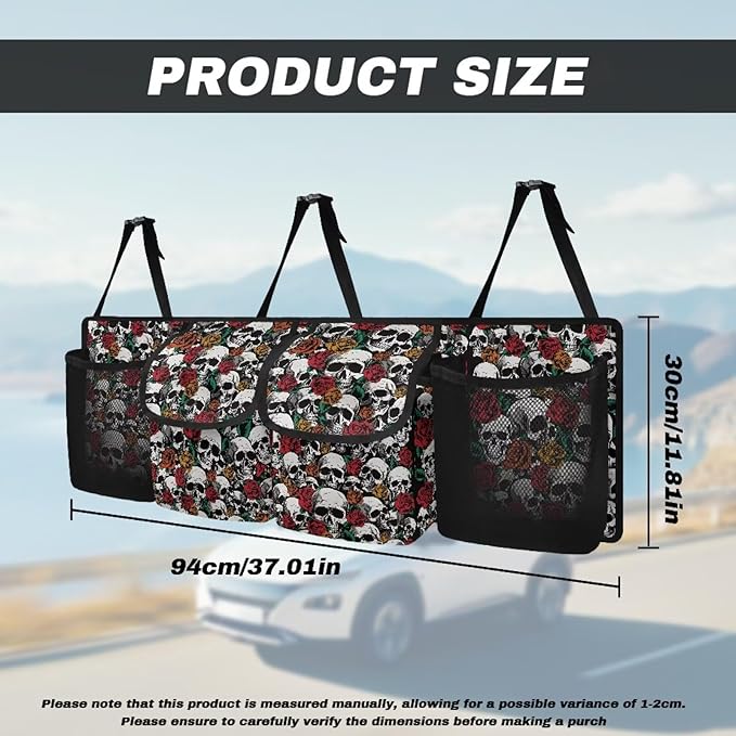 Skull Rose Car Trunk Organizer, Backseat Hanging Large Storage with 4 Pocket & 3 Adjustable Straps Provides More Space for Groceries for SUV, Truck, MPV,Van
