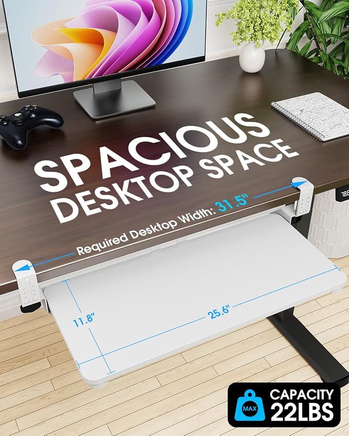 Large Keyboard Tray Under Desk, Pull Out Keyboard & Mouse Tray with Adjustable C-clamp, 25.6(31.5 Including Clamps) x 11.8 Inch Slide Out Computer Keyboard Drawer Mouse Tray for Typing, White