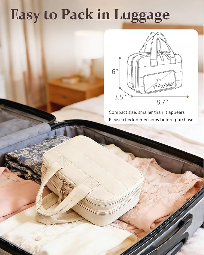 Small Makeup Bag, Travel Cosmetic bag, Toiletry Bag For Women, Make up Bag With Brush Storage, Hanging Toiletry Bag, Puffy Padded Makeup Organizer Case, Wide-open Travel Essentials (Beige)