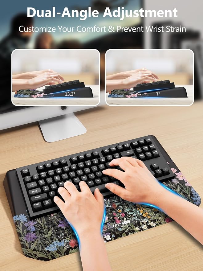 2-in-1 Ergonomic Keyboard Stand with Wrist Rest, Comfy Keyboard Riser Holder with Massage Design, Flower