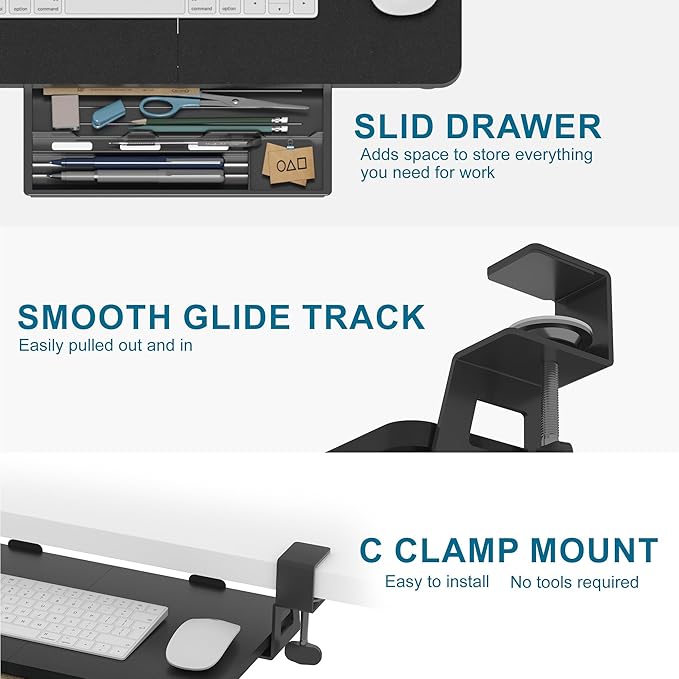 ETHU Keyboard Tray Under Desk, 19.7" X 11.81" Small Size Keyboard Drawer with C Clamp-on Mount Easy to Install, Computer Keyboard Stand Slide Pull Out, Ergonomic Keyboard Tray for Home & Office, Black
