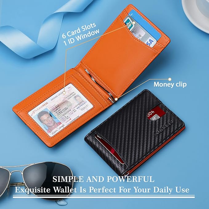 RUNBOX Slim Wallets for Men with RFID Blocking & Minimalist Mens Front Pocket Wallet Leather Black&inner Orange