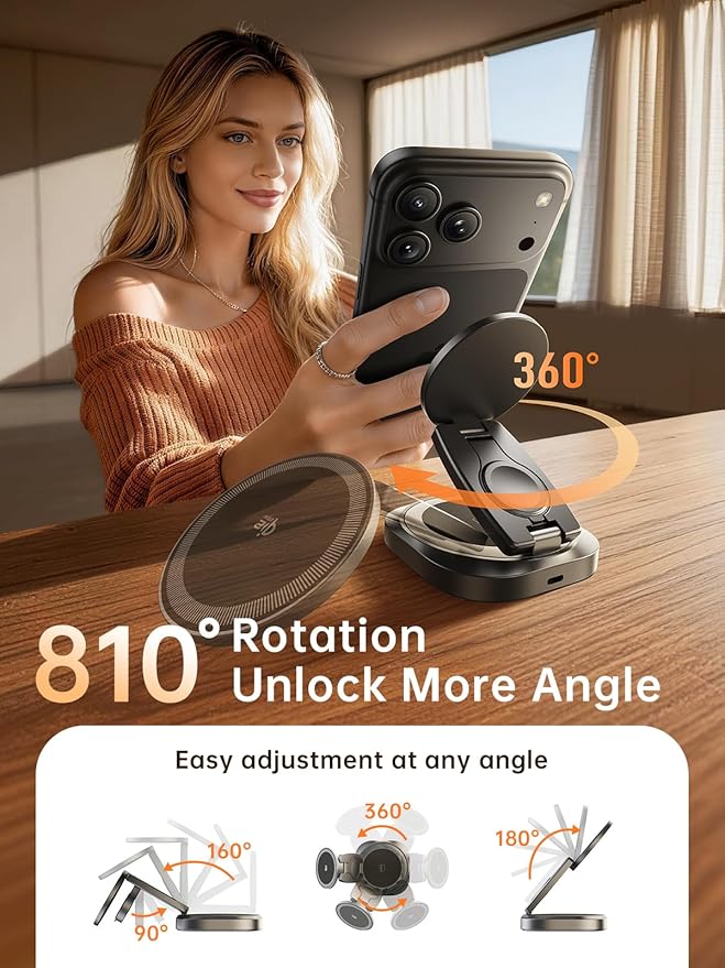 REWONDER Qi2.2 25W Magnetic 3-in-1 Wireless Charger, Foldable Aluminum Charging Stand for iPhone 17/16/15, Pixel, Apple Watch & AirPods, Strong Magnet Stable Base,Travel Charger (Adapter Not Included)