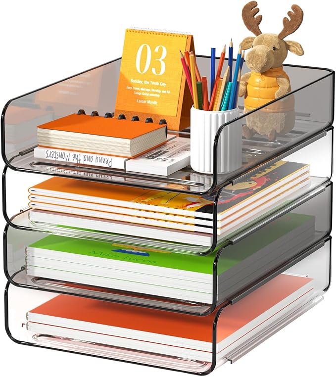 FANXIYQ 4-Tier Acrylic Paper Tray Organizer, Clear & Brown Stackable Desk Organizer for Documents, Files, A4 Paper, Mail, Books & Office Supplies, Office Classroom Home