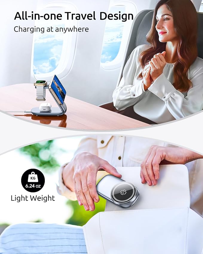 3-in-1 Wireless Charging Station for MagSafe,Foldable Magnetic Stand for iPhone 17/16/15-12 Series, Apple Watch/AirPods,Fast Charger for Qi Phones - Ideal for Home/Office/Travel (Gray, Normal)