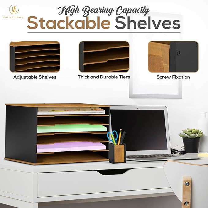Wooden Paper Organizer 20.25"W x 12.25"H x 13.25"D, 6-Tier Storage for 12"x18" & 11"x17" Sheets, Includes Matching Pen Holder & Tray, Ideal for Office, Home, Art Room and Classroom