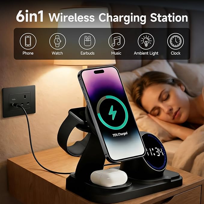 6 in 1 Wireless Charger i-Phone Charging Station: Stand for Multiple Devices for Apples - Compatible i-Phone 17 16 15 14 13 Pro Max Apples Watch Airpods, Design with Wireless Speaker & Clock (Black)