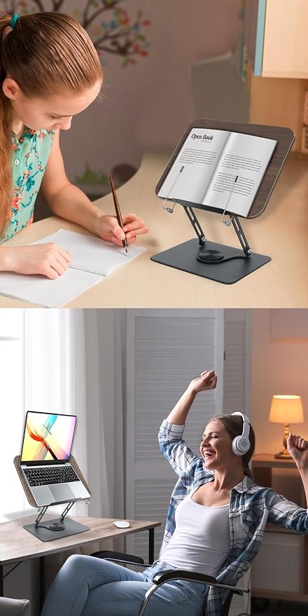Book Stand for Reading, Multi-Angle & Height Book Holder with 360° Swivel Base, Lightweight Foldable Cookbook Stand for Kitchen, Office, Textbook, Recipe, Music Scores, Kindle, Tablet