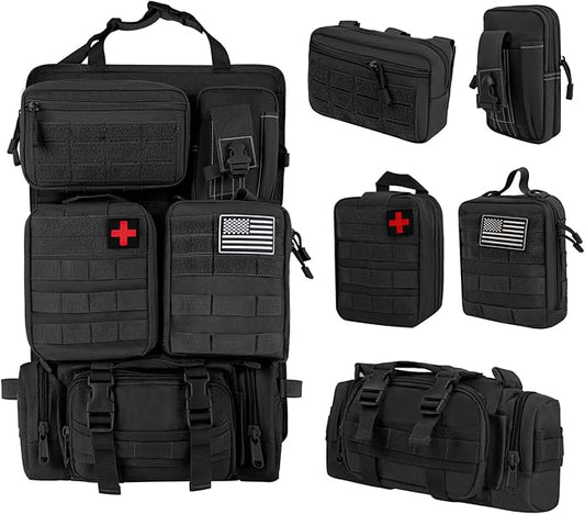 Tactical Car Seat Back Organizer Bag - Tactical Molle Vehicle Organizers Panel with 5 Detachable Pouches for Car Truck Ford Jeep Vehicle (Black Regular)