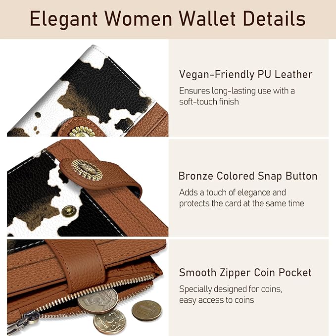 Kelvoris Cow Print Brown Small Rfid Women Wallet Bifold Zipper Coin Pocket PU Leather Compact Cash Credit Card Holder Travel Wallet for Female Ladies Teen Girls 1 ID Window 10 Card Slots