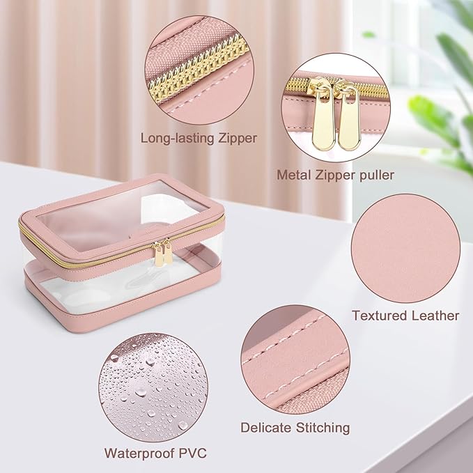Soimeat Travel Clear Makeup Bag with Makeup Brush Bag, Leather Makeup Case Toiletry Bag, Portable Cosmetic Bag Case, Transparent Waterproof Cosmetic Organizer Storage Bag for Women, Pink