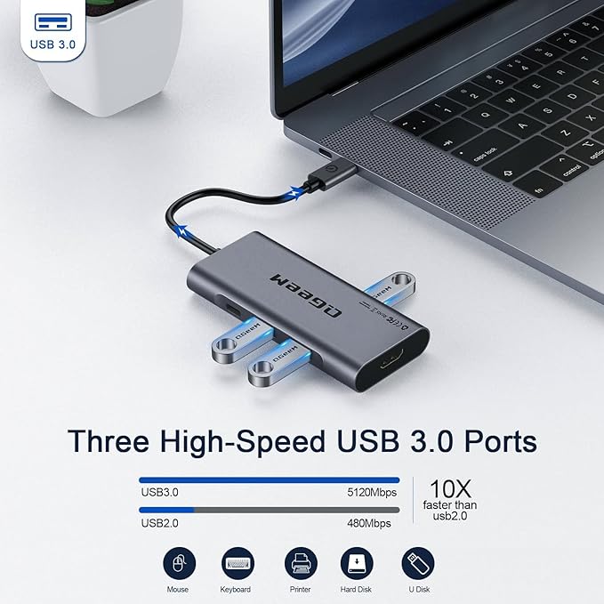 USB C Hub, QGeeM USB 4k to HDMI Adapter, 7 in 1 USB-C Dongle with 100W PD,USB 3.0, Card Reader, Compatible for MacBook iPhone 15/17 Ipad Pro max,Chromebook Laptop USB Type C Dock-Grey