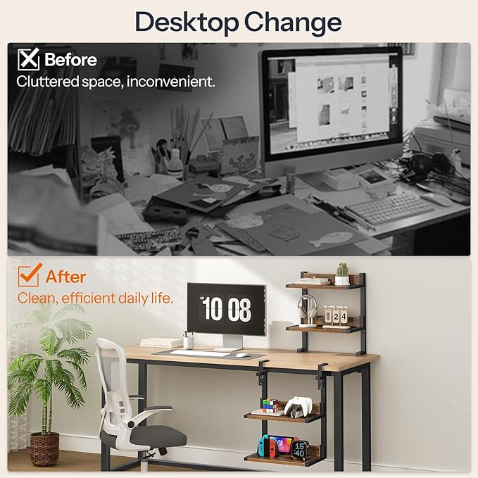HOOBRO Clamp On Desk Shelf, 2-Tier Desktop Organizer, Space-Saving Desk Shelf with Adjustable Shelves, for Office, Study, Entertainment Accessories, Rustic Brown and Black BF32SJ01