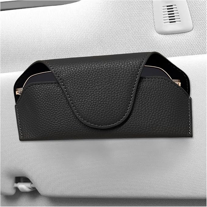 Sunglass Holder for Car Visor, Magnetic Auto Sun Visor Eyeglass Organizer with Dual Back Clips, Leather Glasses Protective Storage Case Universal for Most Vehicles Visors (Black)