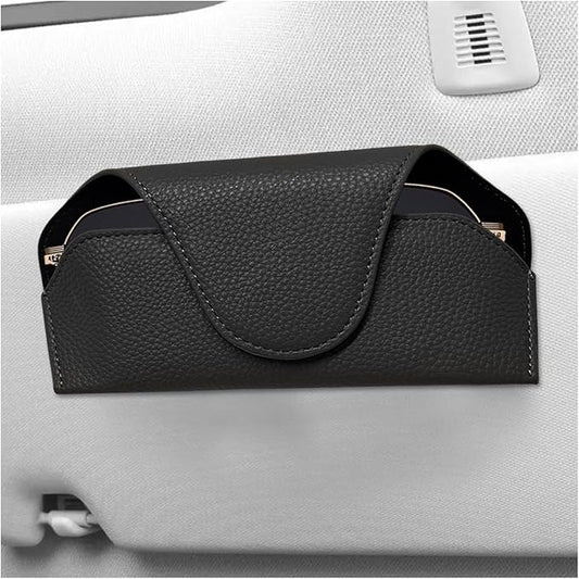 Sunglass Holder for Car Visor, Magnetic Auto Sun Visor Eyeglass Organizer with Dual Back Clips, Leather Glasses Protective Storage Case Universal for Most Vehicles Visors (Black)