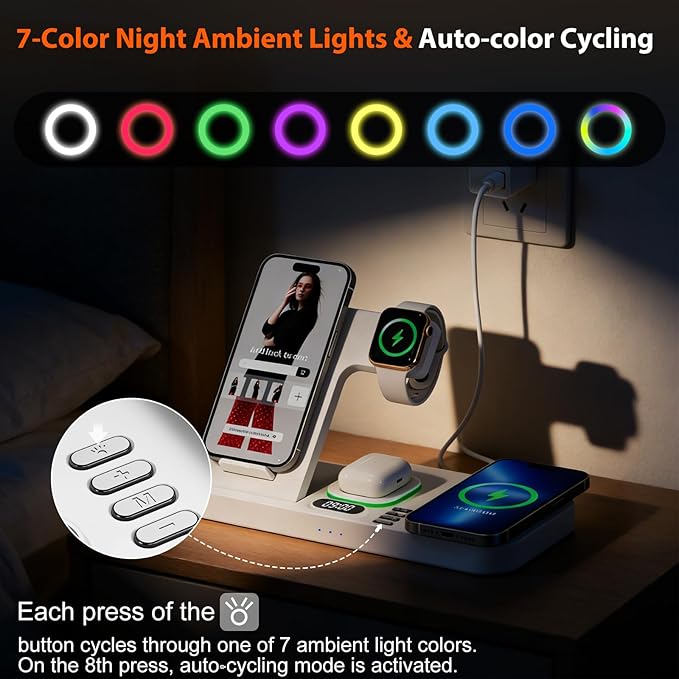 Dual Phone Magnetic Wireless Charging Station for Apple Devices/Apple Ecosystem, 7-Color Auto Light & 12H Clock, Multi-Device Charger for iPhone 17/16/15, for iWatch 11/10/9 & AirPods Pro3(White