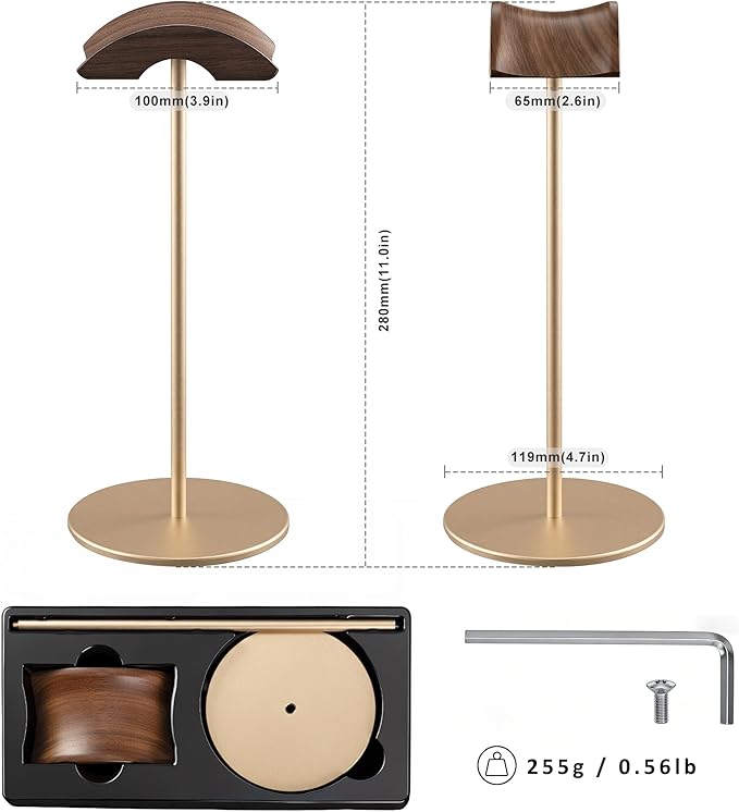 Headphone Stand, Walnut Wood & Aluminum Headset Stand, Nature Walnut Gaming Headset Holder with Solid Heavy Base for All Headphone Sizes (Gold)