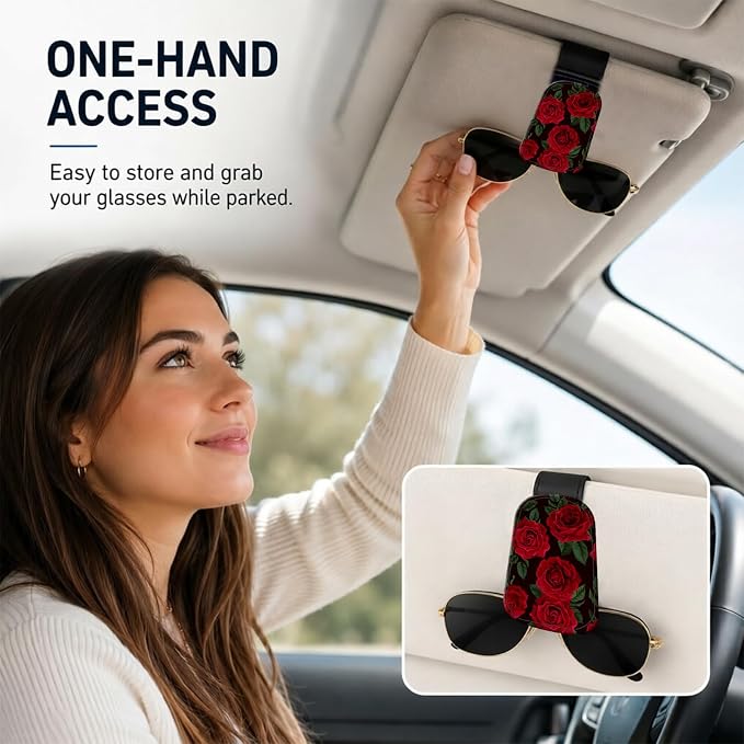 Leather Magnetic Sunglass Holder for Car Sun Visor, Cute Eyeglass Ticket Card Hanger Clip, Universal Auto Interior Accessories for SUV Pickup Truck, Red Rose