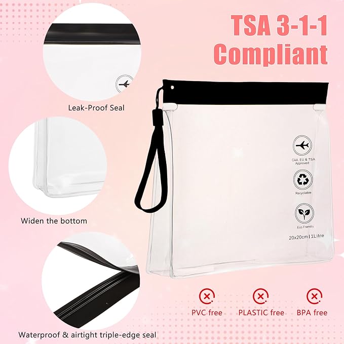 4-Pack 16 Mil Reusable TSA-Approved Toiletry Bag Tsa Quart Size Toiletry Bag with Gusseted Bottom | 1 Liter Leakproof Liquid Bag for Travel | 3-1-1 Compliant for US, UK & EU Flights (Black)