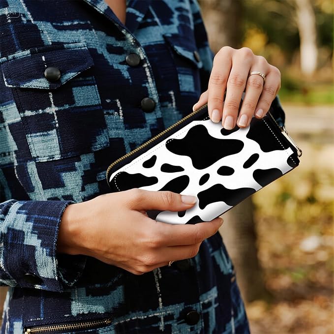 Women's RFID Blocking Zip Around Wallet with Detachable Wrist Strap, Large Capacity Credit Card Holder Organizer for Everyday Use,Cow Print