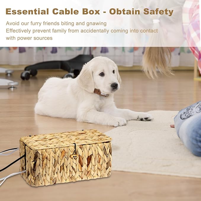 BTSKY Woven Cable Management Box with Lid, Water Hyacinth Cord Organizer for Desk, Cable Organizer Box with 2-Open Slots to Hide Power Strips USB Hubs for Home & Office, Pet Proofing Cord Basket, L+S