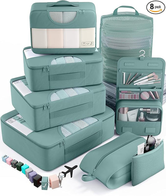 Veken 8 Set Packing Cubes for Travel Essentials, Suitcase Organizer Bags in 4 Sizes, Carry-On Luggage Accessories with Large Laundry & Hanging Toiletry Bag, Must-Have for Airplane, Road Trip & Camping