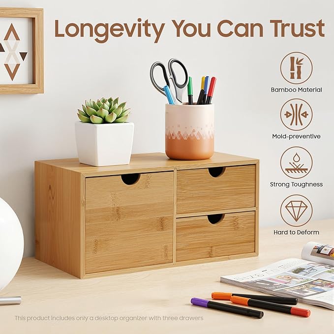 Bamboo Desk Organizer 3 Drawers Tabletop Storage Organization Box, No Assembly Needed for Home Office Storage, 12.99 * 7.48 * 6.3in (1 left & 2 right)