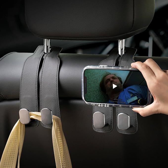 Jayanes Genuine Leather Car Seat Hooks for Headrest - Flexible Car Seat Back Storage Hook for Purses and Bags, Upgraded Car Purse Hook Holder Hanger Organizer for Head Rest (Black-1 Pack)