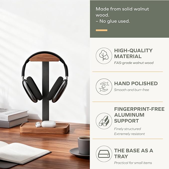 muso wood Walnut Headphone Stand, Wood Headset Stand with Storage Base, Headphones Holder for Gaming, Office, and Home Desk - Compatible with AirPods Max, Bose, Razer (Black)