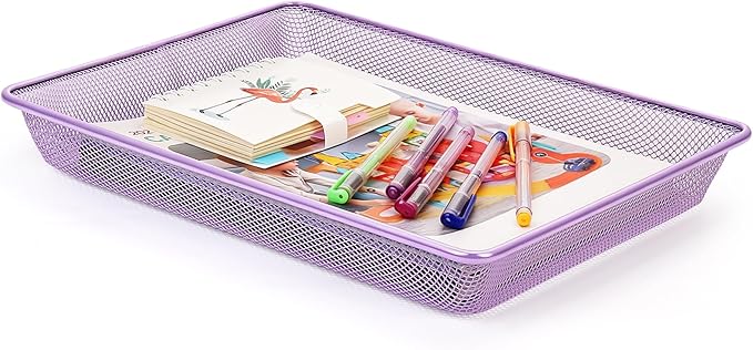 Office Metal Mesh Basket for Desk, Single Paper Tray Organizer, Turn in Trays Classroom, Flat Mail Letter Storage Basket for Office Home Drawers School (1, Purple)