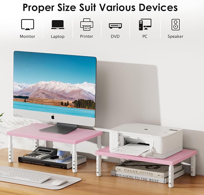 ECOLOVI 4-Height Adjustable Wood Computer Monitor Stand Riser, Desktop PC Printer Laptop Stand for Desk Organizer and Accessories, Office Desk Decor & Accessories for Women, Pink