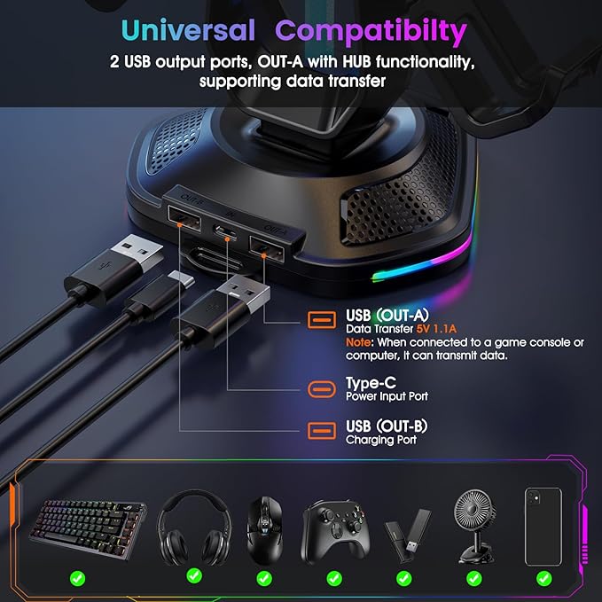 Gaming Headphones Stand with 12 Light Modes - Controller Holder for Desk, RGB Gaming Headset Stand with 2 USB Charging Ports - Supports Data Transfer, Earphone Hanger Accessories for Desktop Gamer