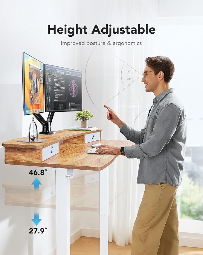 HUANUO 60″ x 30″ Electric Standing Desk with 2 Drawers, C-Clamp Mount Compatible, Height Adjustable Computer Desk, Home Office Stand Up Desk with 4 Preset Heights & 2 Hooks, Light Vintage