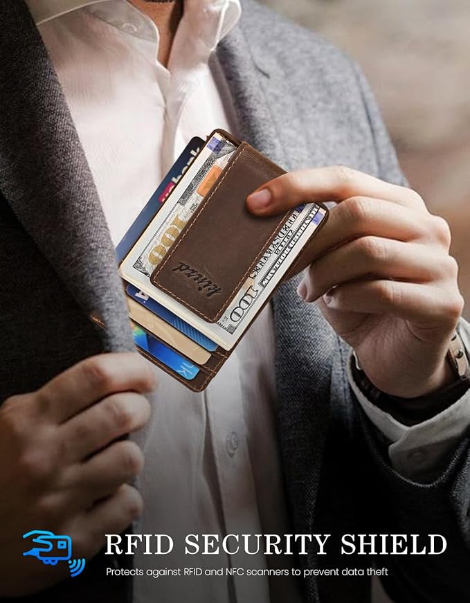 kinzd Slim Money Clip Wallet for Men Genuine Leather Front Pocket RFID Blocking Wallet, Minimalist Card Holder with 4 Strong Magnets Hold 30 Bills | RFID Blocking, Strong Magnet, thin