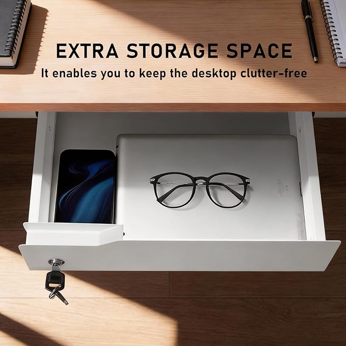 Under Desk Drawer Storage with Lock, Metal Undermount Table Drawer, Ball Bearing Slides Out Tray Organizer for Paper, Pencil, and Laptop 16"x11.8"x3.6", White