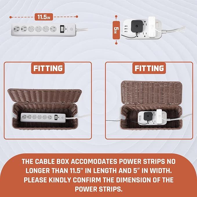 Cable Management Box, Handmade Rattan Cable Organizer with 2 Open Slots, Cord Hider for Power Strip, Router & USB Hub, Registered U.S. Design Patent (D1,112,102), 13" x 5.1" x 5.1", Brown