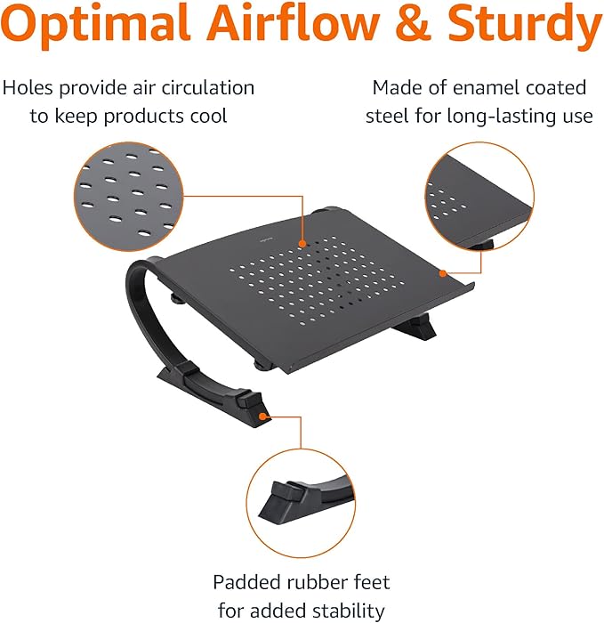 Amazon Basics - Adjustable Monitor Stand, Laptop Riser for Desk, Holds Laptops, Monitors and Printers up to 22 Pounds, Black