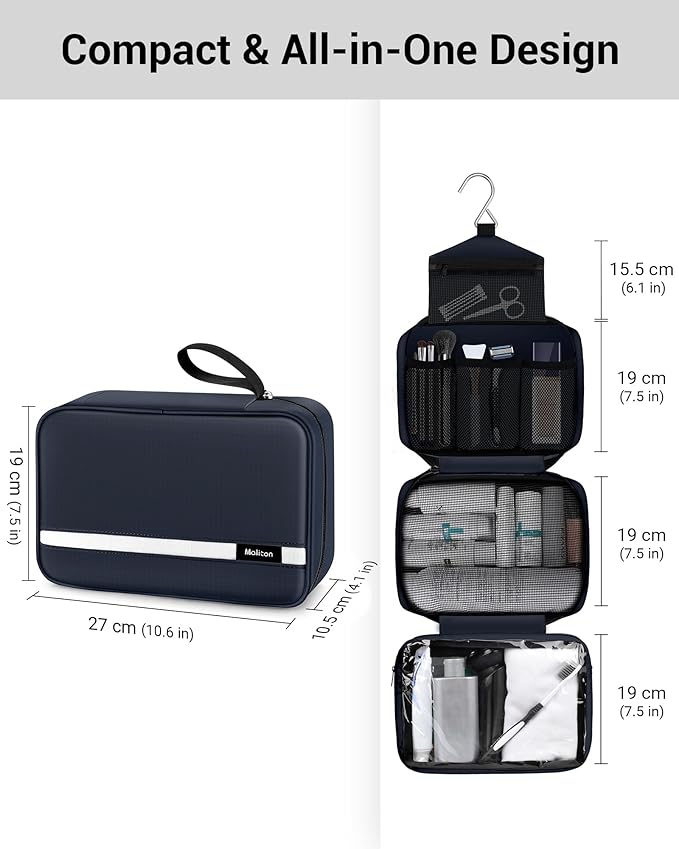 Maliton Toiletry Bag for Men & Women Large Toiletry Bags for Traveling Hanging Toiletry Bag Hygiene Bag with 4 Compartments Waterproof Bathroom Shower Bag (Navy Blue)