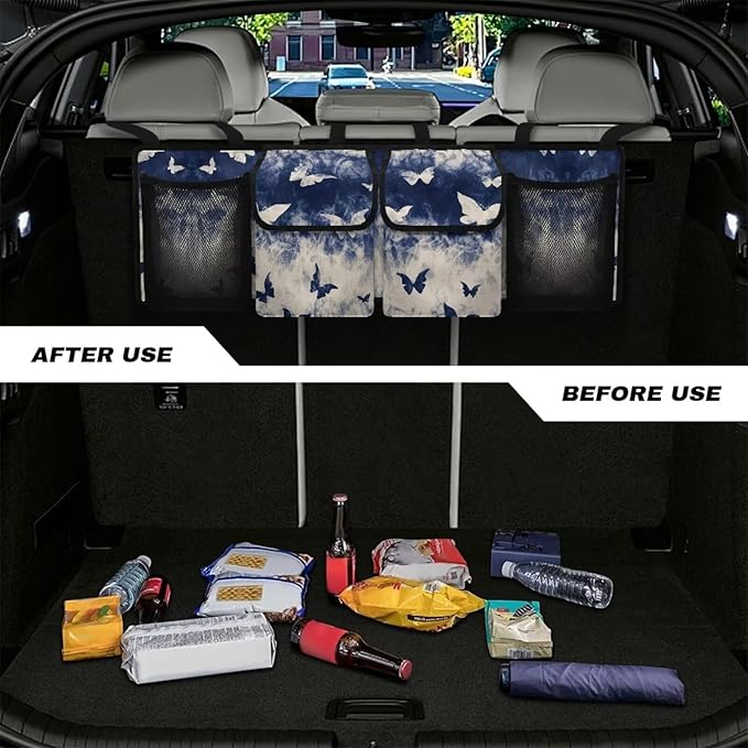 Blue Butterfly Car Backseat Hanging Trunk Organizer for SUV Collapsible Car Interior Accessories with 4 Pockets & 3 Adjustable Straps for Women
