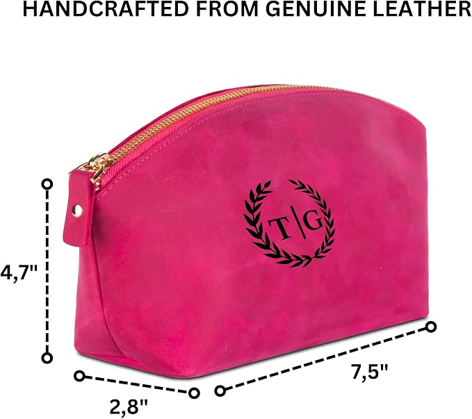 Blade Premium Personalized Genuine Leather Cosmetic Makeup Bag - Wedding Gift for Bridesmaid, Travel Organizer Clutch for Women with Zipper Pouch for Toiletry Essentials (Fuchsia)