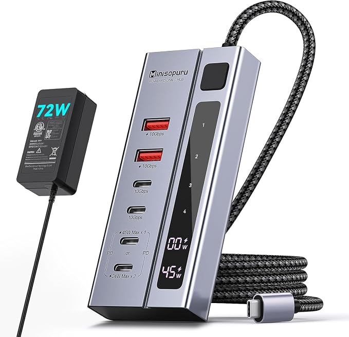 Minisopuru 6 IN1 Powered USB C Hub – Support Max 45W Charging, 10Gbps Data Transfer, USB C Hub with 72W Power Adapter, Compatible with Meta Quest Pro, Steam, iPad Pro, iPhone, Watch (Not for Monitor)