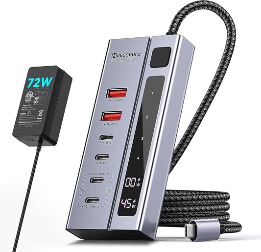 Minisopuru 6 IN1 Powered USB C Hub – Support Max 45W Charging, 10Gbps Data Transfer, USB C Hub with 72W Power Adapter, Compatible with Meta Quest Pro, Steam, iPad Pro, iPhone, Watch (Not for Monitor)