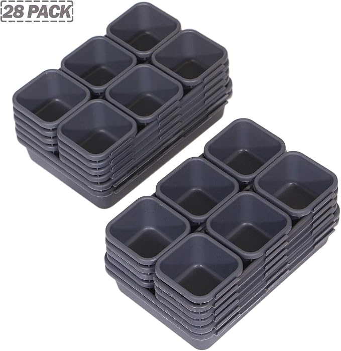 Set of 28 Interlocking Desk Drawer Organizer Tray Dividers Plastic Shallow Narrow Drawers Organizers Separators Storage Bins Container for Kitchen Bathroom Makeup Office Vanity Bedroom Dresser