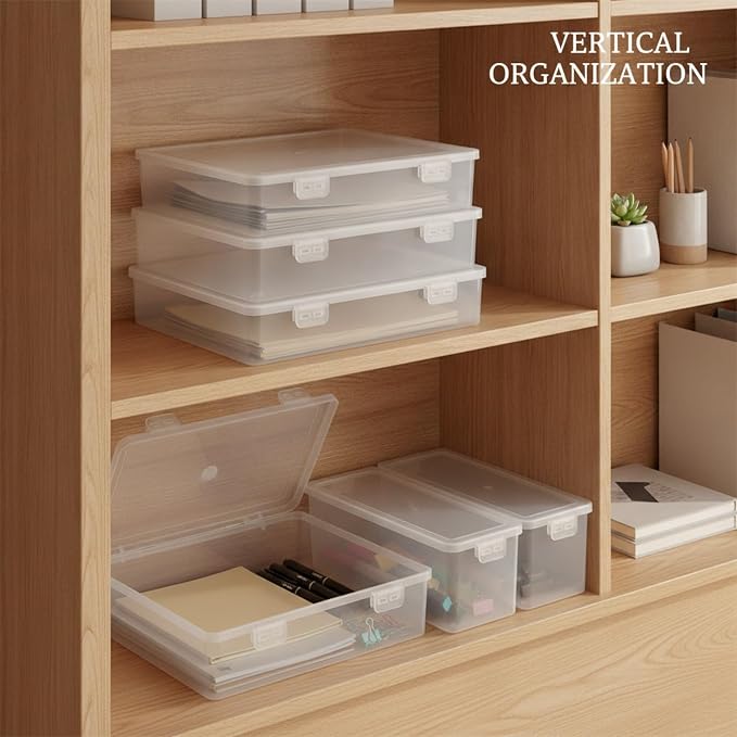 1 Pack Desktop Storage Box with Lid, Slim PP Plastic Organizer for A4 Papers and Office Supplies, Stackable Drawer Tray