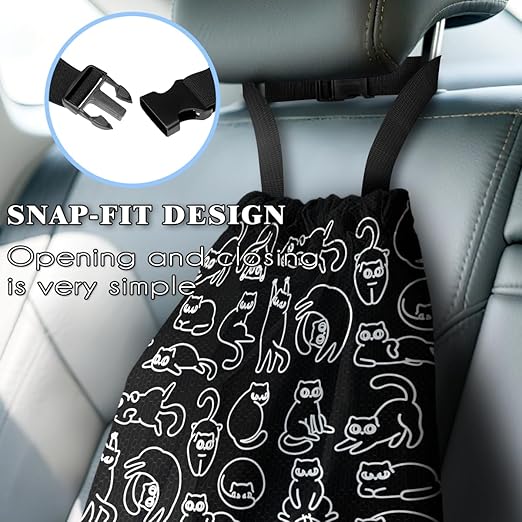 Car Trash Bag Hanging Back of Seat with Adjustable Snap Buckle Strap Cute Printed Drawstring Garbage Bags for Car-Black Cats
