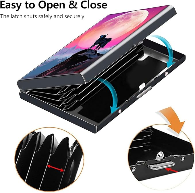 Credit Card Holder, Art Moon Wolf Design Mini RFID Blocking Aluminum Wallet Slim Metal Hard Case Shell Travel Wallet ID Case Small Credit Cards Case Business Cards for Women Men Girls