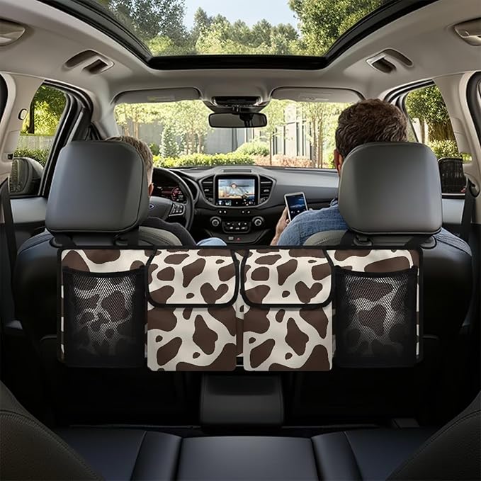 Brown Cow Print Car Trunk Organizer,Super Capacity Backseat Trunk Organizer with 4 Pocekt,Backseat Hanging Car Storage Bag Foldable Cargo Storage Fit for Van,SUVs