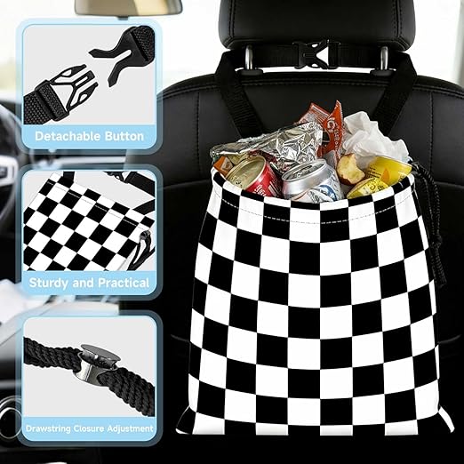 Black White Chessboard Car Trash Bag - Waterproof Car Trash Bag Hanging Leakproof Car Garbage Bag - Washable Reusable Trash Bag For Car Interior Hanging Organizer Storage Vehicle Travelling Camping